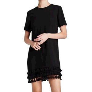 Zara Black Tassel Fringe Shift Short Sleeve Mini Dress Size Small
